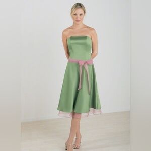 Alfred Angelo Strapless Light Green Dress with Pink Sash